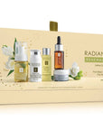 Limited edition Eminence Organics Radiance Renewal Set holiday skincare gift box with five travel-size organic products, cream, oil, toner, and cleanser, SKU: EMI-5984