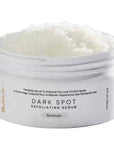 Bermuda Dark Spot Exfoliating Scrub in a white jar with black text, creamy texture visible, designed for dark spots and ingrown hairs, 236 ml