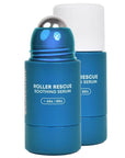 Blue roller rescue soothing serum with AHA & BHA in a compact blue bottle with silver rollerball, ideal for reducing ingrown hairs and razor bumps, SKU: BB-ROLLRESCUE50