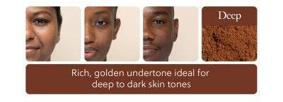 Comparison of Deep shade mineral sunscreen on various deep skin tones, showcasing rich golden undertones for a flawless match.