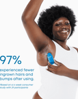 Before and after images of skin showing reduction in ingrown hairs and bumps after using roller rescue serum for three weeks, SKU: BB-ROLLRESCUE50
