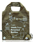 Olive green reusable tote made from recycled bottles with white printed design, foldable for eco-friendly shopping and errands