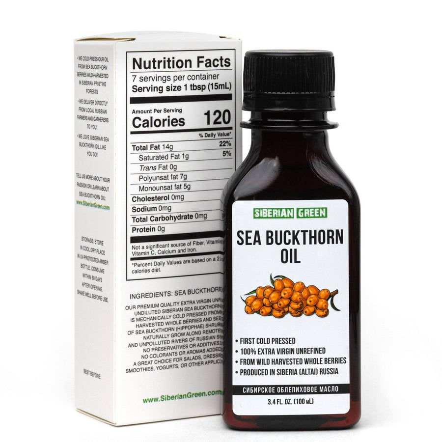 Sea Buckthorn Oil bottle with nutrition facts box