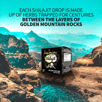 Shilajit drop with Golden Mountain rocks background