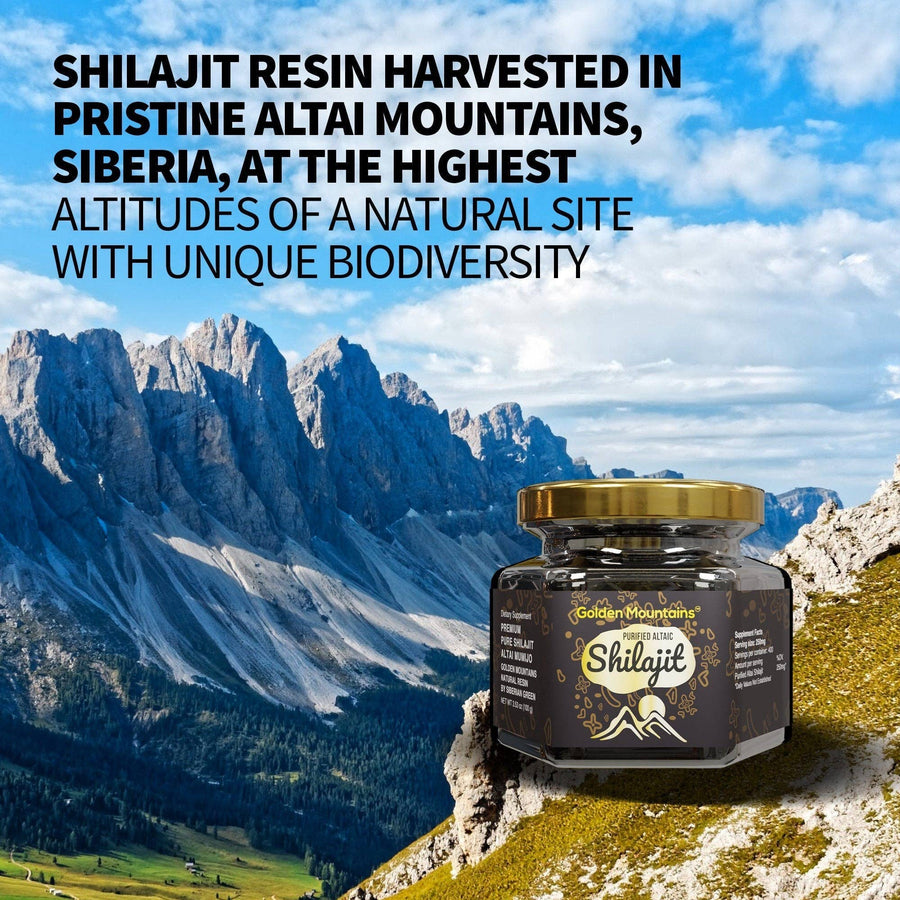 Shilajit Resin jar in Altai Mountains landscape