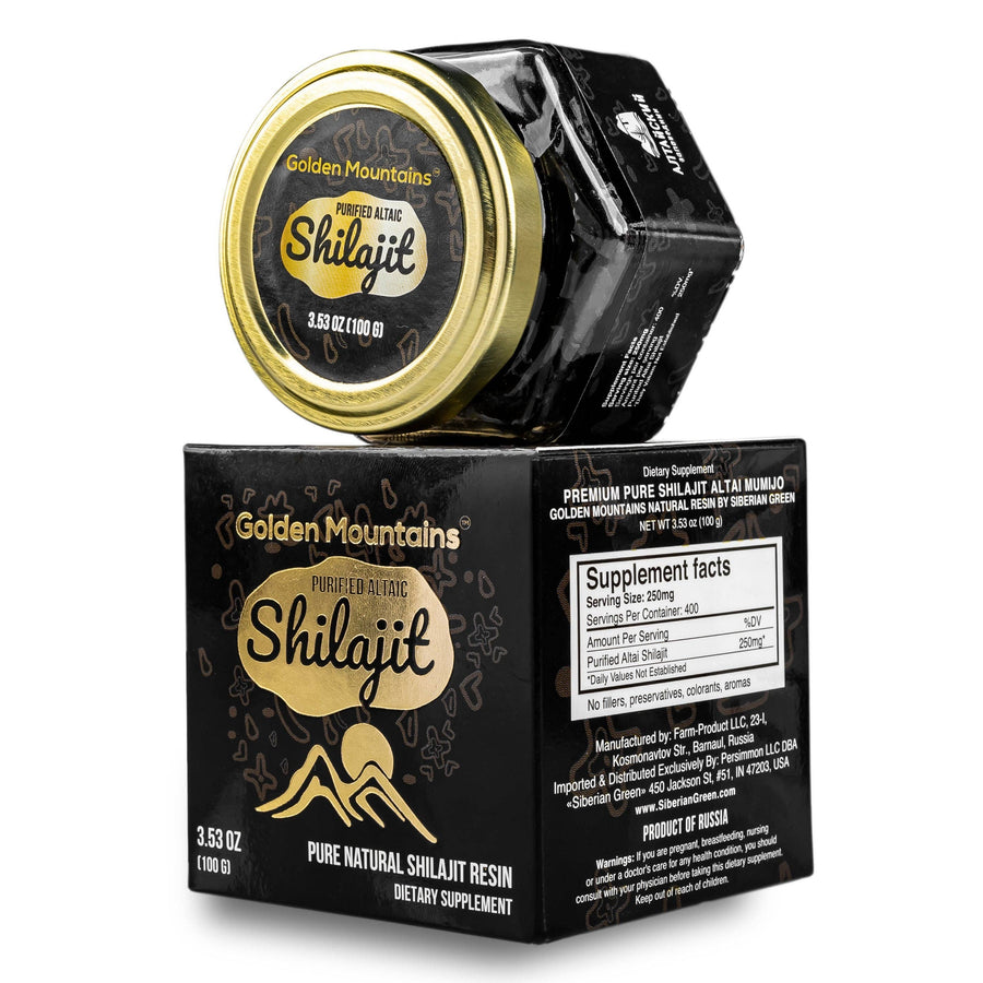 Golden Mountains Shilajit Resin jar and box packaging