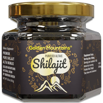 Golden Mountains Shilajit Resin jar with gold lid