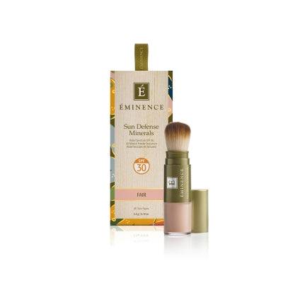 Eminence Sun Defense Minerals - Fair SPF 30 Sunscreen with built-in brush applicator and box packaging, ideal for on-the-go sun protection.