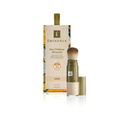 Mineral Powder Sunscreen SPF 30 by Sun Defense in Sheer with built-in brush applicator and eco-friendly packaging, ideal for daily sun protection.