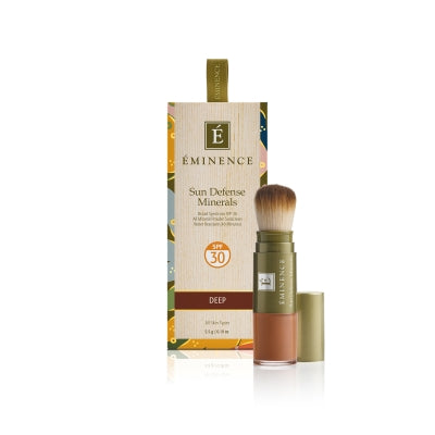 Eminence Sun Defense Minerals SPF 30 in Deep shade with built-in brush, ideal mineral sunscreen for deep skin tones with matte finish.