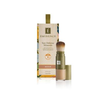 Eminence Sun Defense Minerals SPF 30 in Medium with built-in brush applicator and packaging, ideal for mineral sunscreen protection.