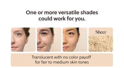 Sun Defense Minerals Sheer SPF 30 shade guide showing translucent finish on fair to medium skin tones, suitable for multiple complexions.