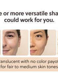 Sun Defense Minerals Sheer SPF 30 shade guide showing translucent finish on fair to medium skin tones, suitable for multiple complexions.