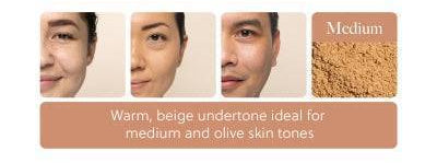 Medium shade swatch of Eminence Sun Defense Minerals SPF 30 with examples of suitable skin tones, ideal for warm and olive complexions.