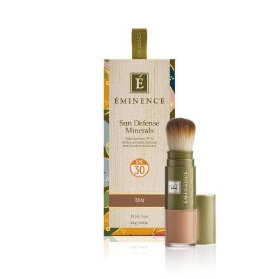 Eminence Sun Defense Minerals SPF 30 in Tan with built-in brush applicator and box packaging, ideal for broad-spectrum sun protection and flawless coverage.